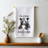 Black Bear Drinking Coffee Flour Sack Towel - "I'm a Bear Before Coffee" - Cute Kitchen Towel - Funny Tea Towel - Gift for Coffee Bear Lover