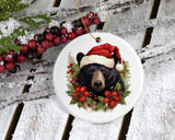 Rustic Black Bear Santa Ceramic Ornament - Festive Christmas Decor - Christmas Black Bear Ornament - Keepsake Holiday Decoration