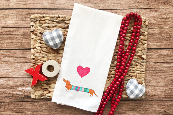 Dachshund Valentine's Day Tea Towel - Wiener Dog Gift - Valentine Kitchen Decor - Doxie Lover Present, Hostess Housewarming Gift