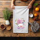 Pink Floral Teacup Tea Towel - Mothers Day Gift - Tea Cup Collector Gift - Gift for Tea Lover - Floral Kitchen Decor - Tea Time Flour Sack