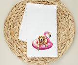 Summer Golden Retriever Tea Towel - Golden Retriever in Flamingo Float Towel - Summer Kitchen Decor - Golden Mom Gift - Housewarming Gift