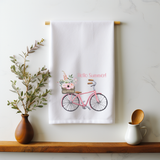 Hello Summer Pink Bicycle Flour Sack Towel - Charming Summer Kitchen Decor - Cyclist Gift - Floral Bike Kitchen Towel - Bike Dish Towel