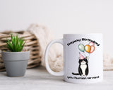 Happy Birthday Coffee Mug – Funny Cat Lover Gift – "Happy Birthday, You Human Servant" – Tuxedo Cat with Balloons – Cat Owner Gift