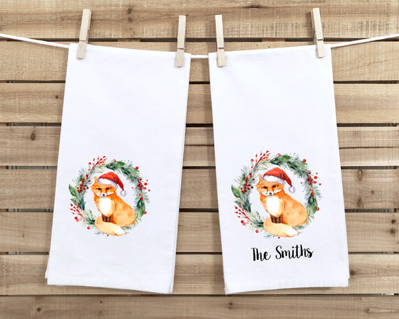 Christmas Fox Flour Sack Towel - Fox Tea Towel - Personalized Christmas Towel - Santa Fox and Wreath Christmas Decor - Hostess Gift