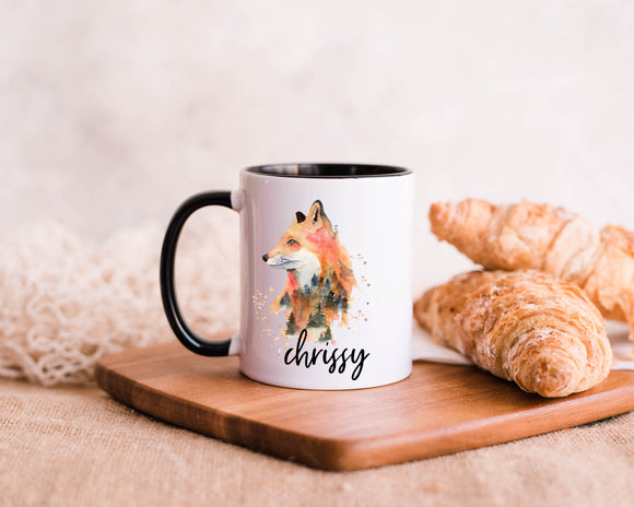 Personalized Watercolor Fox and Pine Tree Double Exposure Coffee Mug - Perfect Gift for a Fox or Nature Lover