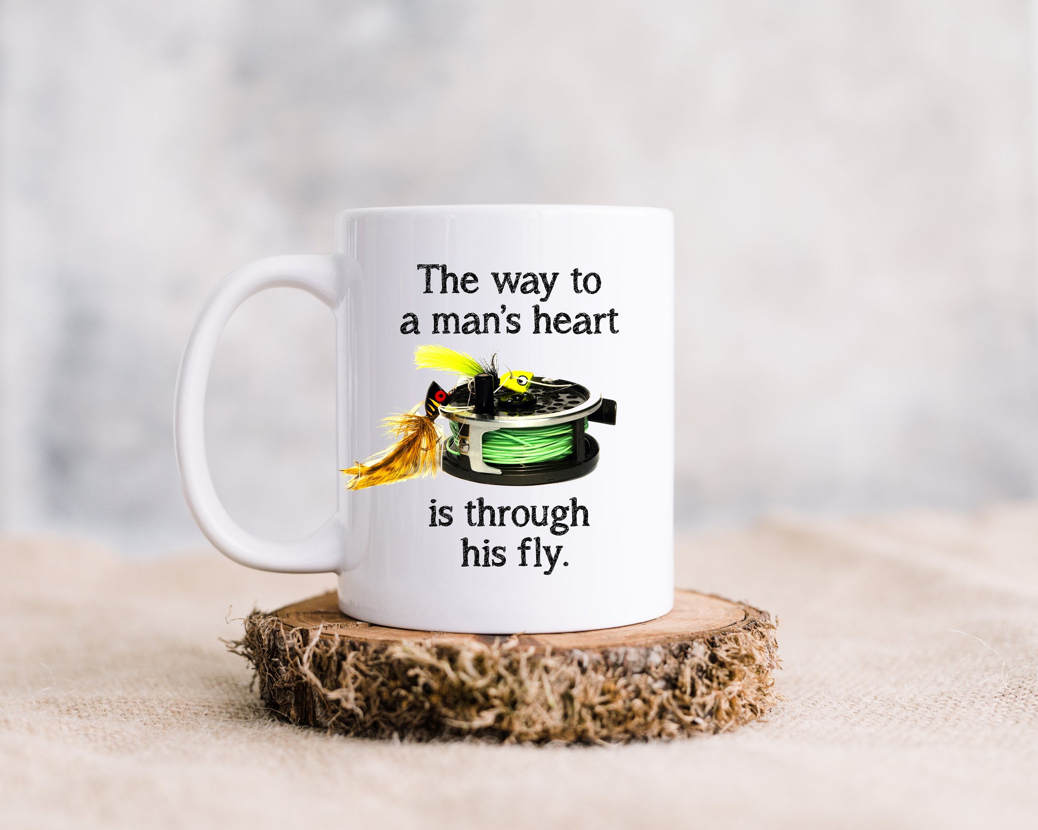 A Way to a Man's Heart is Through His Fly - Ceramic Mug with Fly Rod R –  Running Frog Studio