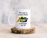 A Way to a Man's Heart is Through His Fly - Ceramic Mug with Fly Rod Reel and Flies - Fly Fishing Mug -  Fathers Day Fishing Mug