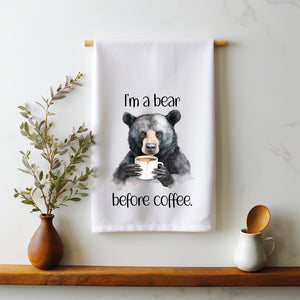 Black Bear Drinking Coffee Flour Sack Towel - "I'm a Bear Before Coffee" - Cute Kitchen Towel - Funny Tea Towel - Gift for Coffee Bear Lover