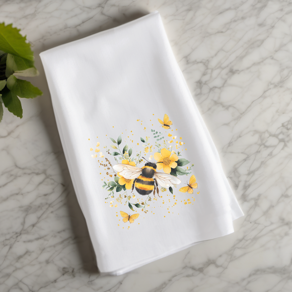 Bee and Blossoms Flour Sack Towel – Bee Botanical Kitchen Towel - Bee Dish Towel - Decor Kitchen Towel - Bee Tea Towel