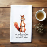 Funny Squirrel Flour Sack Towel – “Excuse Me, Will You Be Filling the Bird Feeder Soon?” – Cute Animal Kitchen Towel – Gift for Bird Lovers & Backyard Watchers