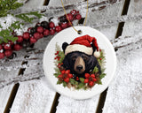 Rustic Black Bear Santa Ceramic Ornament - Festive Christmas Decor - Christmas Black Bear Ornament - Keepsake Holiday Decoration