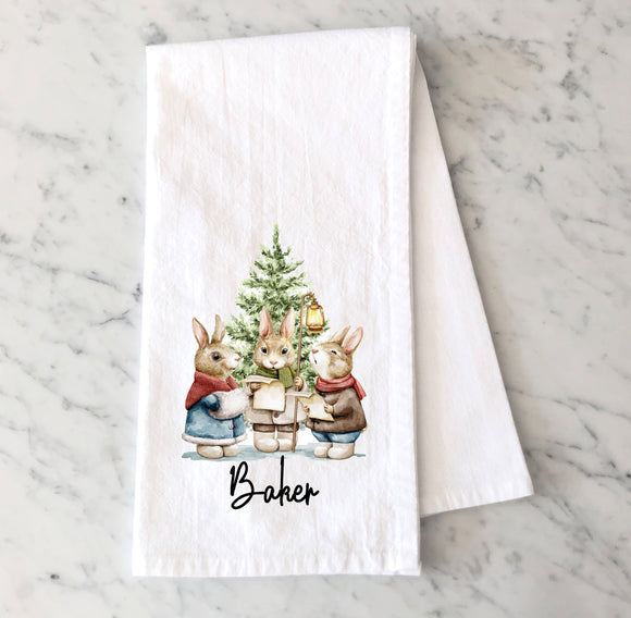 Personalized Christmas Caroling Rabbits Flour Sack Towel - Bunny Carolers - Cotton Tea Towel - Kitchen Decor Christmas Kitchen towel