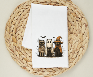 Halloween Cats Flour Sack Towel – Spooky Black Cat Kitchen Towel, Fall Witch Ghost Mummy Design, Cute Halloween Decor