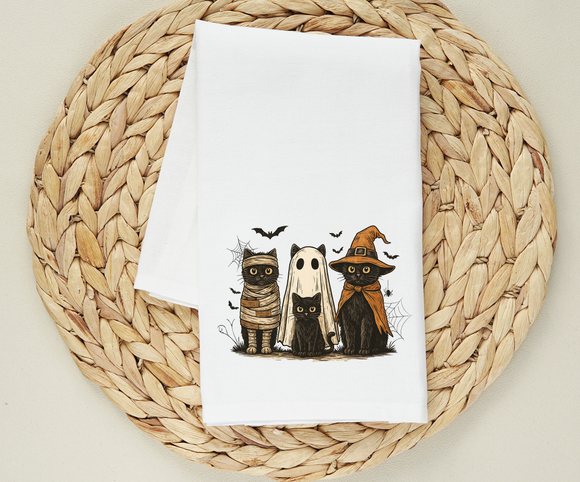 Halloween Cats Flour Sack Towel – Spooky Black Cat Kitchen Towel, Fall Witch Ghost Mummy Design, Cute Halloween Decor