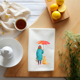 Rainy Day Companions Flour Sack Towel - Cozy Cat & Girl Watercolor Design - Spring Tea Towel - Farmhouse Decor