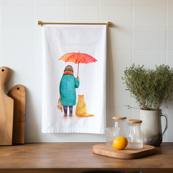 Rainy Day Companions Flour Sack Towel - Cozy Cat & Girl Watercolor Design - Spring Tea Towel - Farmhouse Decor