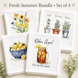 Summer Kitchen Towel Set, Lemon Herb Tea Towels, Set of 4 Flour Sack Towels, Farmhouse Kitchen Decor, Gift for Her, Housewarming Gift