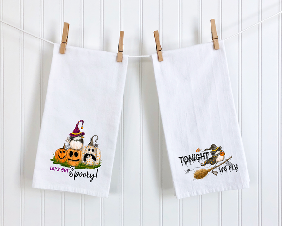 Halloween Flour Sack Towel Set – Chickadee Witch & Spooky Pumpkins | Farmhouse Kitchen Decor | Fall Dish Towels | Hostess Gift