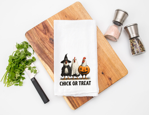 Chick or Treat Halloween Flour Sack Towel – Funny Chicken Kitchen Towel, Farmhouse Fall Decor, Witch Ghost Pumpkin Hen