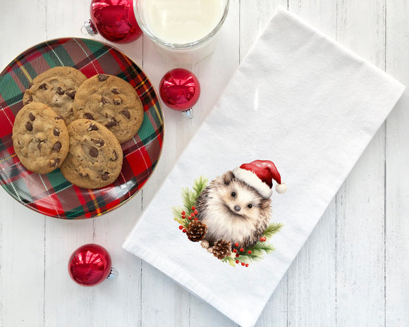 Christmas Hedgehog Flour Sack Towel - Santa Hedgehog Kitchen Towel - Hedgie Gift - Gift for Hedgehog Lover