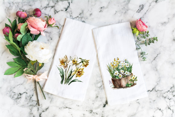 Spring Daffodil Flour Sack Towel - Spring Tea Towel - Watercolor Spring Floral Kitchen Towel - Farmhouse Kitchen - Spring Decor