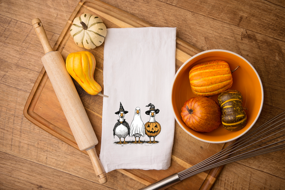 Haunted Honkers Halloween Flour Sack Towel – Witchy Goose, Ghost Duck & Pumpkin Costume - Funny Fall Kitchen Towel - Spooky Season Decor