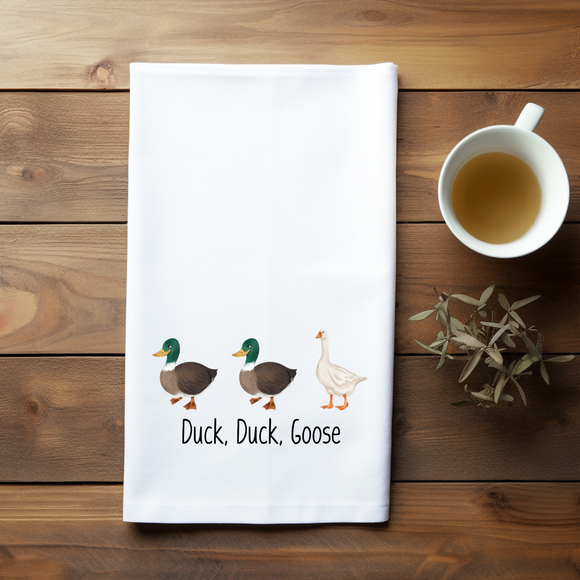 Duck Duck Goose Flour Sack Towel – Funny Kitchen Towel with Ducks and Goose – Cute Farmhouse Gift – Country Kitchen Décor – Bird Lover Gift