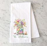 Personalized Easter Jar Flour Sack Towel – Spring Flowers & Candy Eggs Design - Spring Kitchen Decor