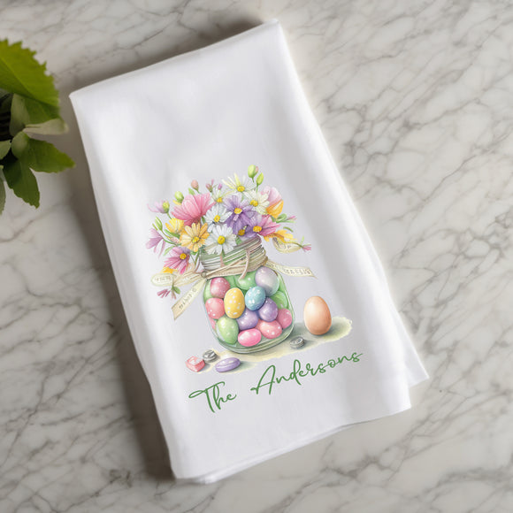 Personalized Easter Jar Flour Sack Towel – Spring Flowers & Candy Eggs Design - Spring Kitchen Decor
