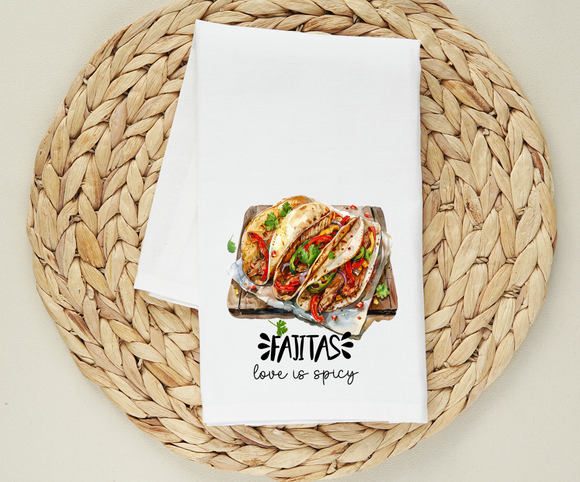 Fajita Flour Sack Towel – Funny Kitchen Towel “Love is Spicy” – Mexican Food Lover Gift – Farmhouse Dish Towel