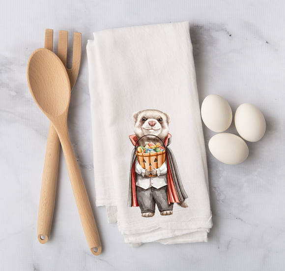Ferret Halloween Flour Sack Towel – Trick-or-Treat Ferret in Dracula Costume Tea Towel