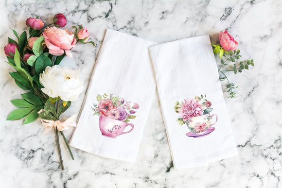 Pink Floral Teacup Tea Towel - Mothers Day Gift - Tea Cup Collector Gift - Gift for Tea Lover - Floral Kitchen Decor - Tea Time Flour Sack