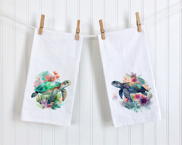 Floral Sea Turtle Tea Towel - Turtle Flour Sack Towel - Sea Turtle Dish Towel - Coastal Kitchen - Beach house Decor - Beach Wedding Gift