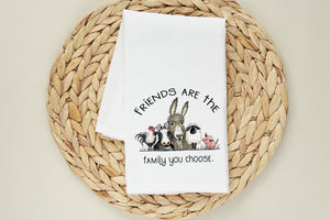 Friends are the Family We Choose Farm Animal Tea Towel - Barnyard Friends Flour Sack Towel - Donkey Cow Sheep Chicken Love - Farmhouse Decor