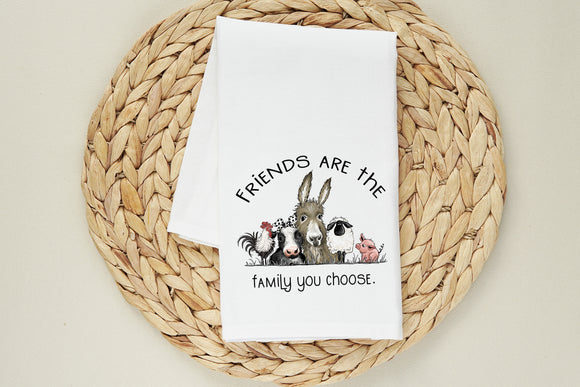 Friends are the Family We Choose Farm Animal Tea Towel - Barnyard Friends Flour Sack Towel - Donkey Cow Sheep Chicken Love - Farmhouse Decor