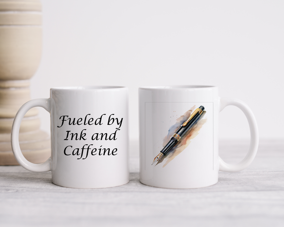 Fueled by Ink and Caffeine Mug – Writer Gift, Fountain Pen Lover Mug, Book Lover Gift, Watercolor Pen Coffee Cup, Stationery Addict Gift