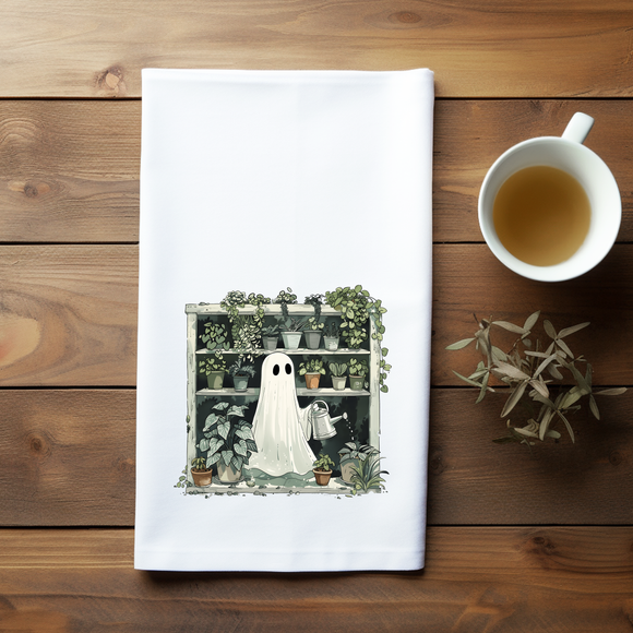 Ghost Gardener Flour Sack Towel – Plant Lover Kitchen Towel – Cute Watering Ghost Tea Towel – Boho Greenery Decor – Houseplant Gift