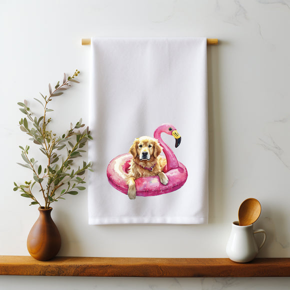 Summer Golden Retriever Tea Towel - Golden Retriever in Flamingo Float Towel - Summer Kitchen Decor - Golden Mom Gift - Housewarming Gift