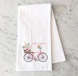 Hello Summer Pink Bicycle Flour Sack Towel - Charming Summer Kitchen Decor - Cyclist Gift - Floral Bike Kitchen Towel - Bike Dish Towel