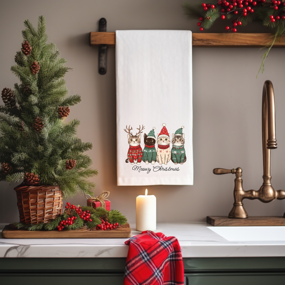 Meowy Christmas Cat Flour Sack Towel – Funny Holiday Kitchen Towel, Cat Lover Gift, Christmas Decor, Pet-Themed Hostess Gift