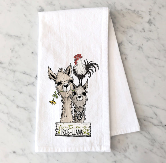 Whimsical Flour Sack Towel with Llamas and Rooster - Not My Prob-llama - LLama and Rooster Tea Towel - Llama Kitchen Decor - Farmhouse Decor