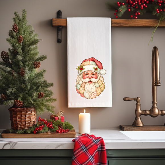 Patchwork Santa Flour Sack Towel – Vintage Santa Kitchen Towel, Christmas Decor, Farmhouse Holiday Gift, Cotton Dish Towel