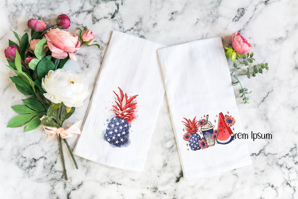 Patriotic Decorative Tea Towel - Memorial Day Decor Flour Sack - Watermelon and Pineapple - Fourth of July Kitchen Towel - Housewarming Gift