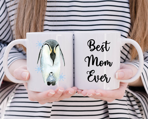 Mama and Baby Penguin Mother's Day Coffee Mug - Best Mom Ever Watercolor Mama Penguin Coffee Mug - New Mom Coffee Mug - Penguin lover gift