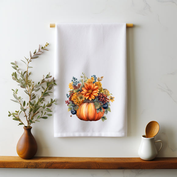 Watercolor Pumpkin with Fall Flowers Flour Sack Towel – Autumn Kitchen Decor - Fall Kitchen Towel