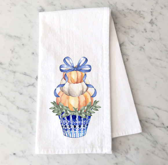 Stack of Pumpkins Tea Towel - Blue Chinoiserie Towel Gift - Fall Decor Flour Sack - Farmhouse Decor - Auntum Tea Towel - Housewarming Gift