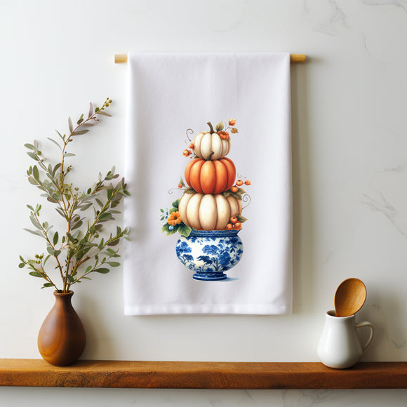 Watercolor Pumpkin Topiary Flour Sack Towel – Fall Decor in Chinoiserie Style - Fall Kitchen Decor - Autumn Tea Towel