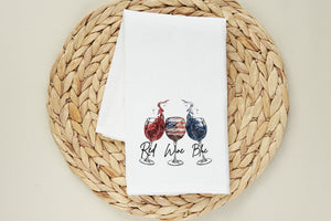 Red Wine Blue Flour Sack Towel with Patriotic Wine Glasses - Perfect Gift for Wine Lovers