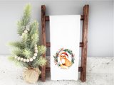 Christmas Fox Flour Sack Towel - Fox Tea Towel - Personalized Christmas Towel - Santa Fox and Wreath Christmas Decor - Hostess Gift