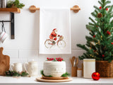 Flour Sack Towel – Santa Riding a Bicycle - Holiday Kitchen Decor - Farmhouse Kitchen